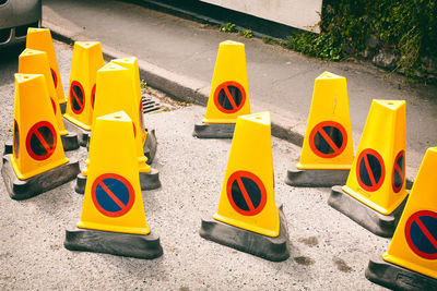 High angle view of yellow traffic cones