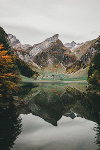 Reflection of mountain in lake against sky