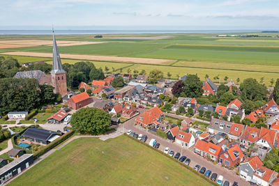 Aerial from the village holwerd aan zee in friesland the netherlands