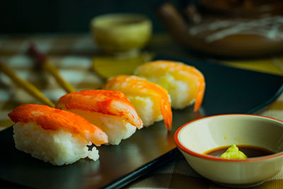 Close-up of food served on table