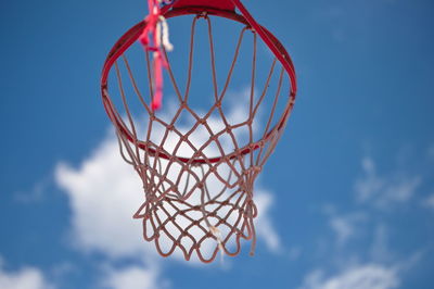 Low angle of basketball hoop against blue sky