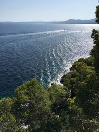 High angle view of sea against clear sky
