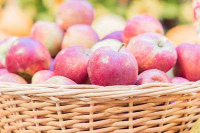 Close up of red ripe apples in a basket at the farmer's market