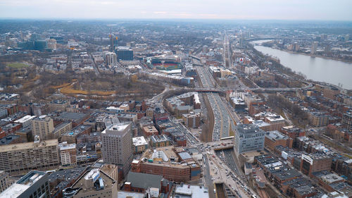 High angle view of illuminated cityscape