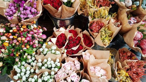 High angle view of various flowers for sale in market