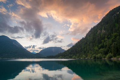 Scenic view of lake and mountains against sky