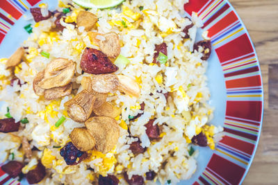 High angle view of food in plate on table