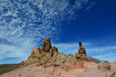 Low angle view of rock formations against blue sky