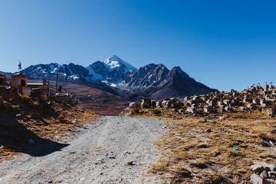 Scenic view of snowcapped mountains against clear blue sky