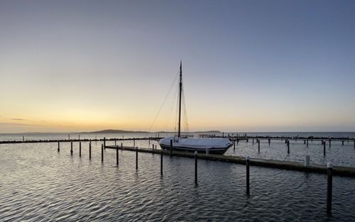 Sailboats moored in marina at sunset