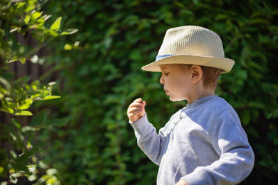 Side view of boy looking at plants