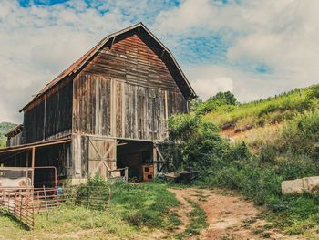 Abandoned barn on land against sky