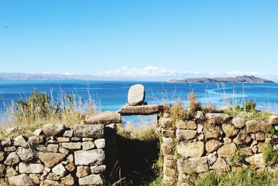 Scenic view of sea against clear blue sky