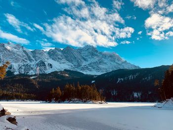 Scenic view of snowcapped mountains against sky