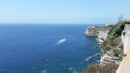 High angle view of sea against clear sky