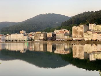 Reflection of buildings in city against sky