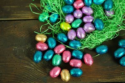 High angle view of colorful easter eggs on table