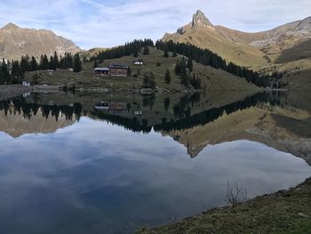 Scenic view of lake and mountains against sky