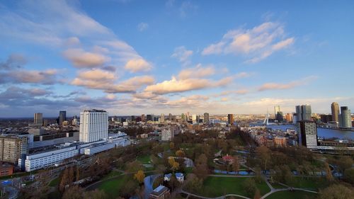 High angle view of buildings in city against sky