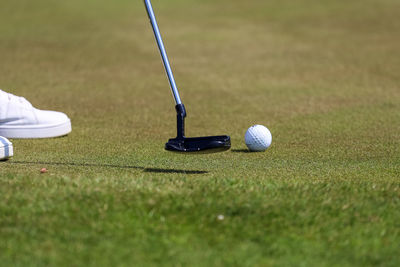 Low section of golf ball on grass