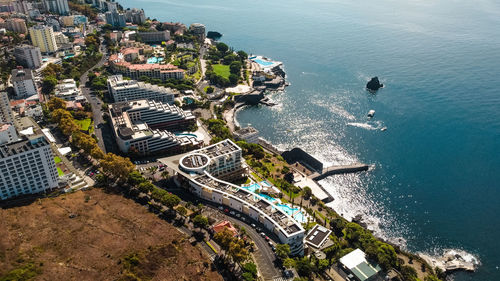 High angle view of buildings in sea