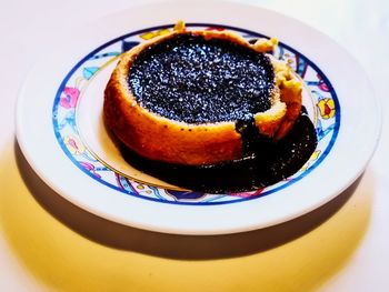 High angle view of dessert in plate on table