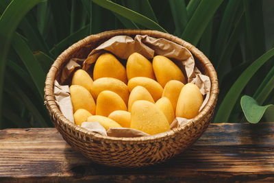 Close-up of fruits in basket on table