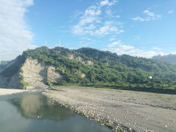 Scenic view of river by mountains against sky