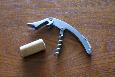 High angle view of metal container on table