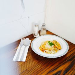 High angle view of meal served on table