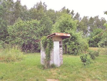 Built structure on field against trees in forest