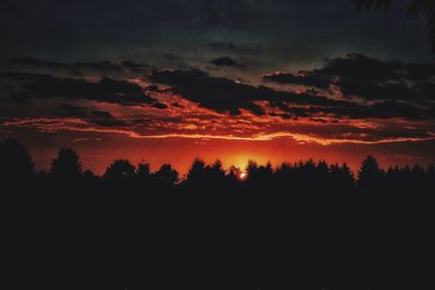 Silhouette trees against dramatic sky during sunset