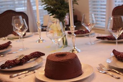 Chocolate cake on table at home