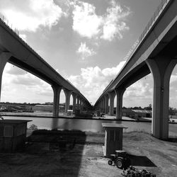 Bridge over river against cloudy sky