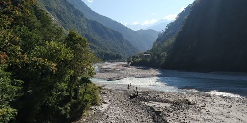 Scenic view of river amidst trees against sky