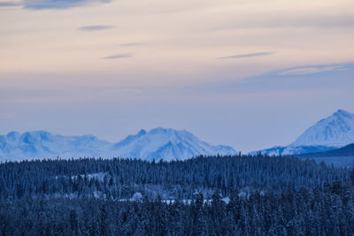 Scenic view of snowcapped mountains against sky during sunset