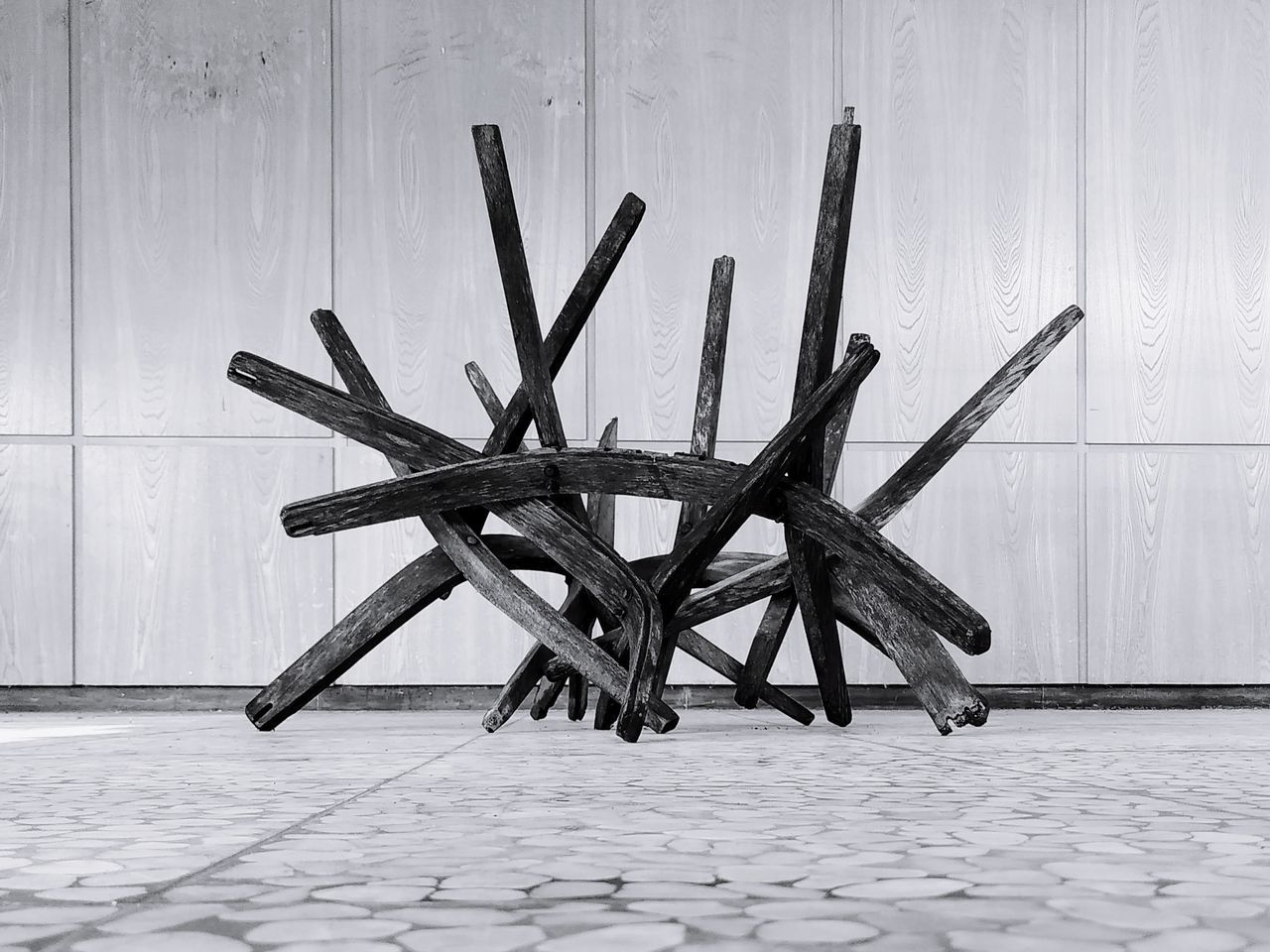 white, black, black and white, iron, wood, monochrome, no people, monochrome photography, furniture, indoors, wall - building feature, flooring, art, sculpture