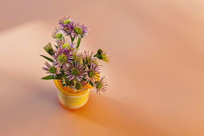 Flowers in the orange plastic bottle for prescribed medication. alternative medicine concept. 