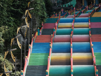 Low angle view of multi colored steps to a religious building in kuala lumpur, malaysia