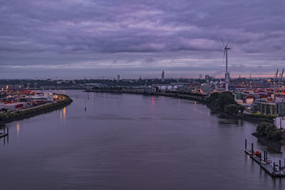 River in city against sky during sunset