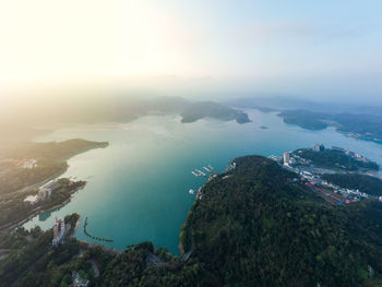 High angle view of bay against sky