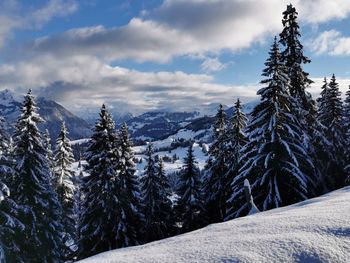 Panoramic view of snow covered mountains against sky