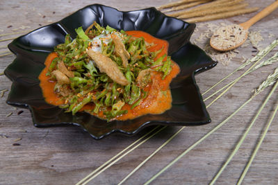 High angle view of food in plate on table