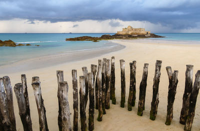 Fort national in saint-malo and breakwater trunks at eventail beach at low tide. brittany, france