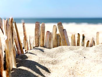 Close-up of wooden posts on beach against sky