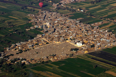 High angle view of agricultural field against sky