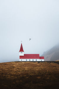 Bird flying over building on land against sky