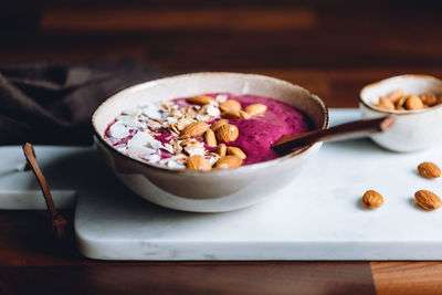 High angle view of breakfast in bowl on table