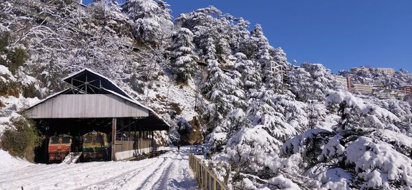 Built structure on snow covered land against sky