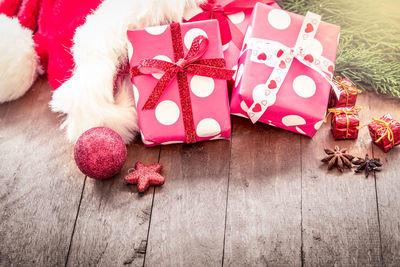 High angle view of christmas gifts on table